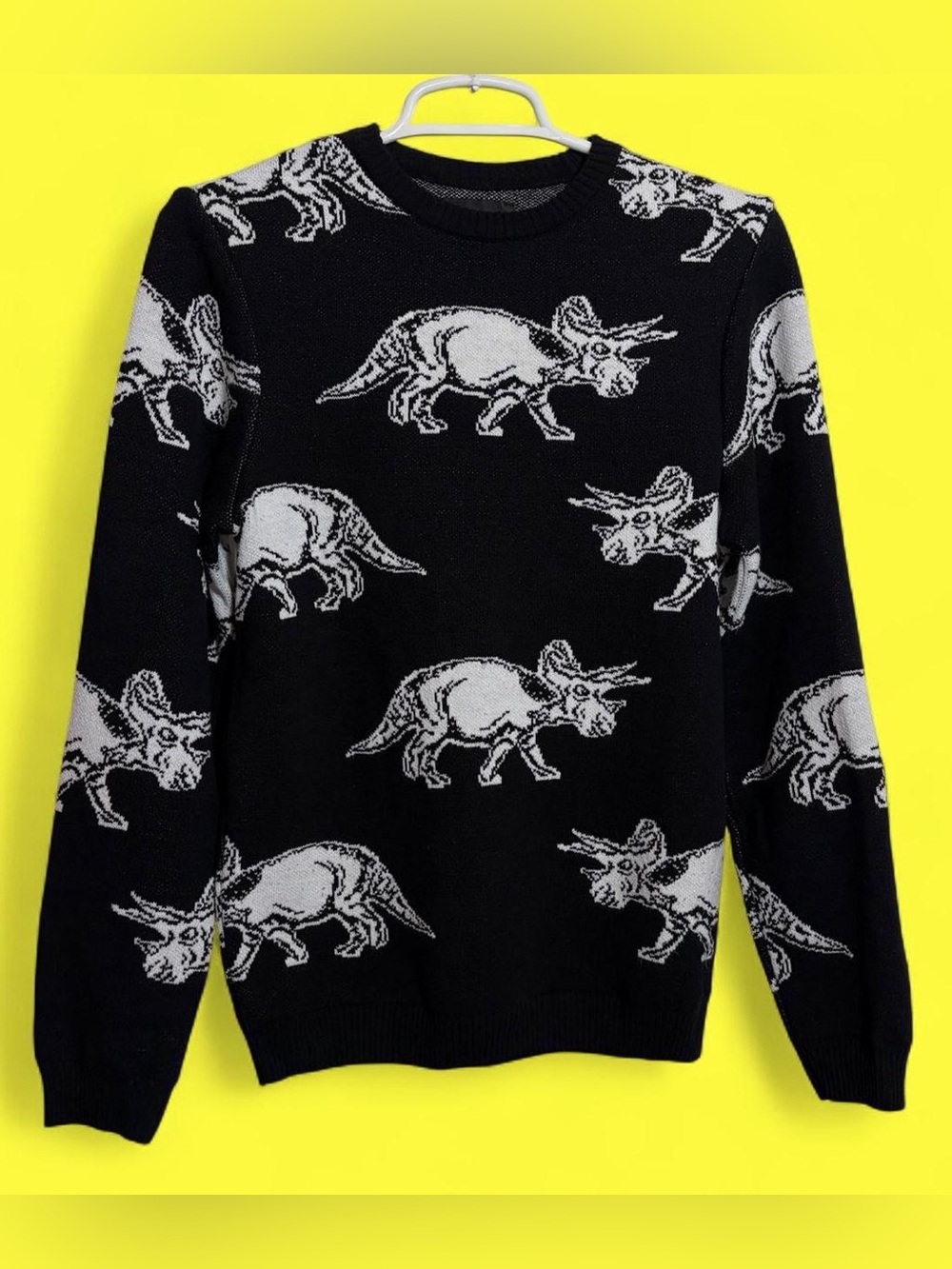 ASOS Black Crewneck Sweater with white Triceratops dinosaur